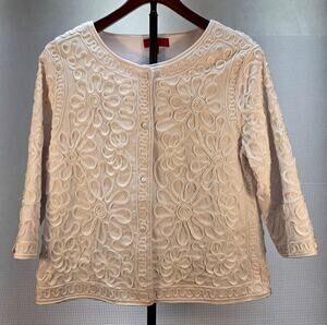 Joni B Petite Women's (L) Embroidered Soutache‎ Jacket White Floral Cotton Blend